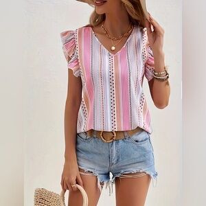 FLUTTER SLEEVE V-NECK BLOUSE
